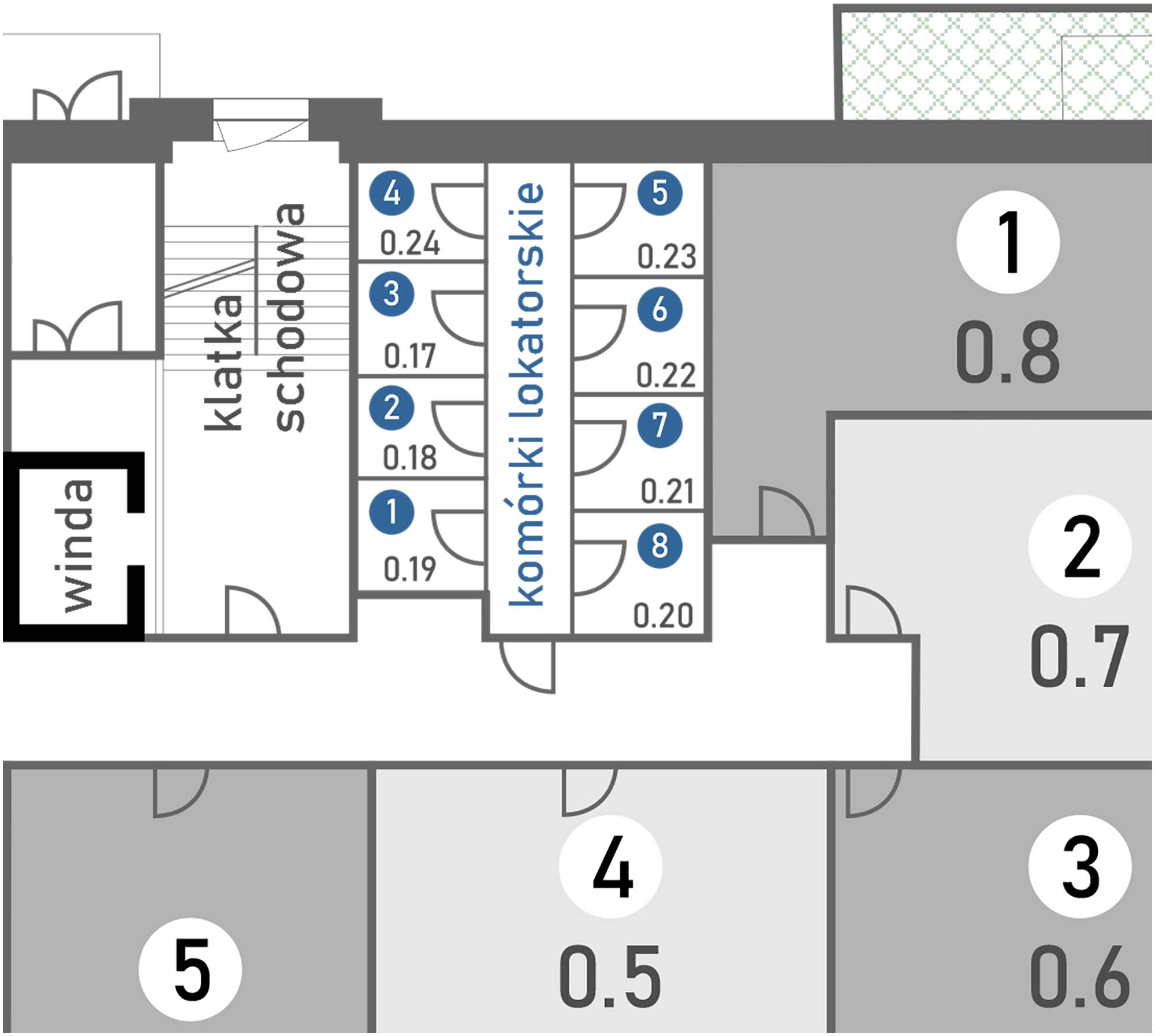 Rozmieszczenie komórek lokatorskich Budynek M - na parterze