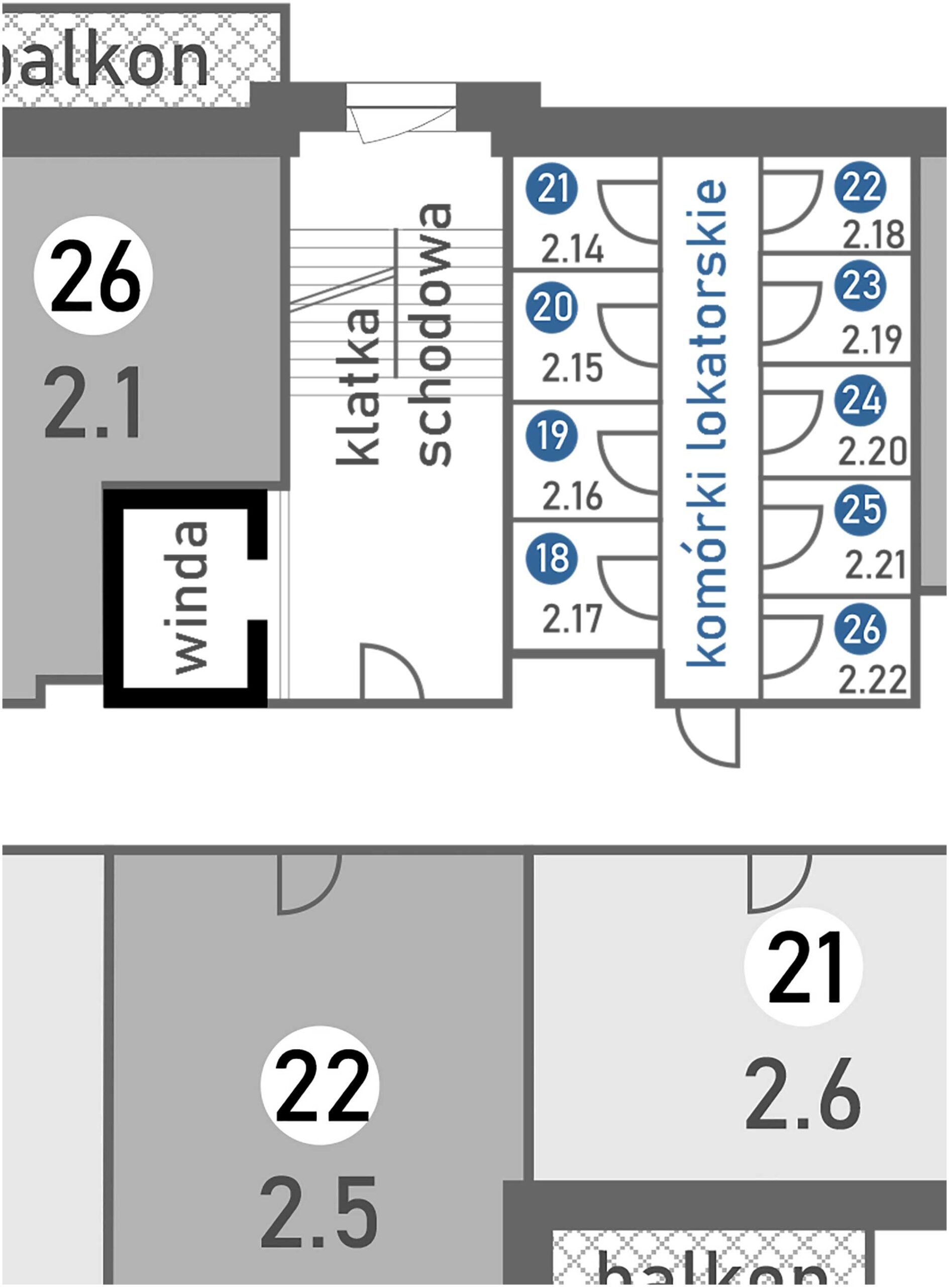 Rozmieszczenie komórek lokatorskich Budynek M - na 2 piętrze