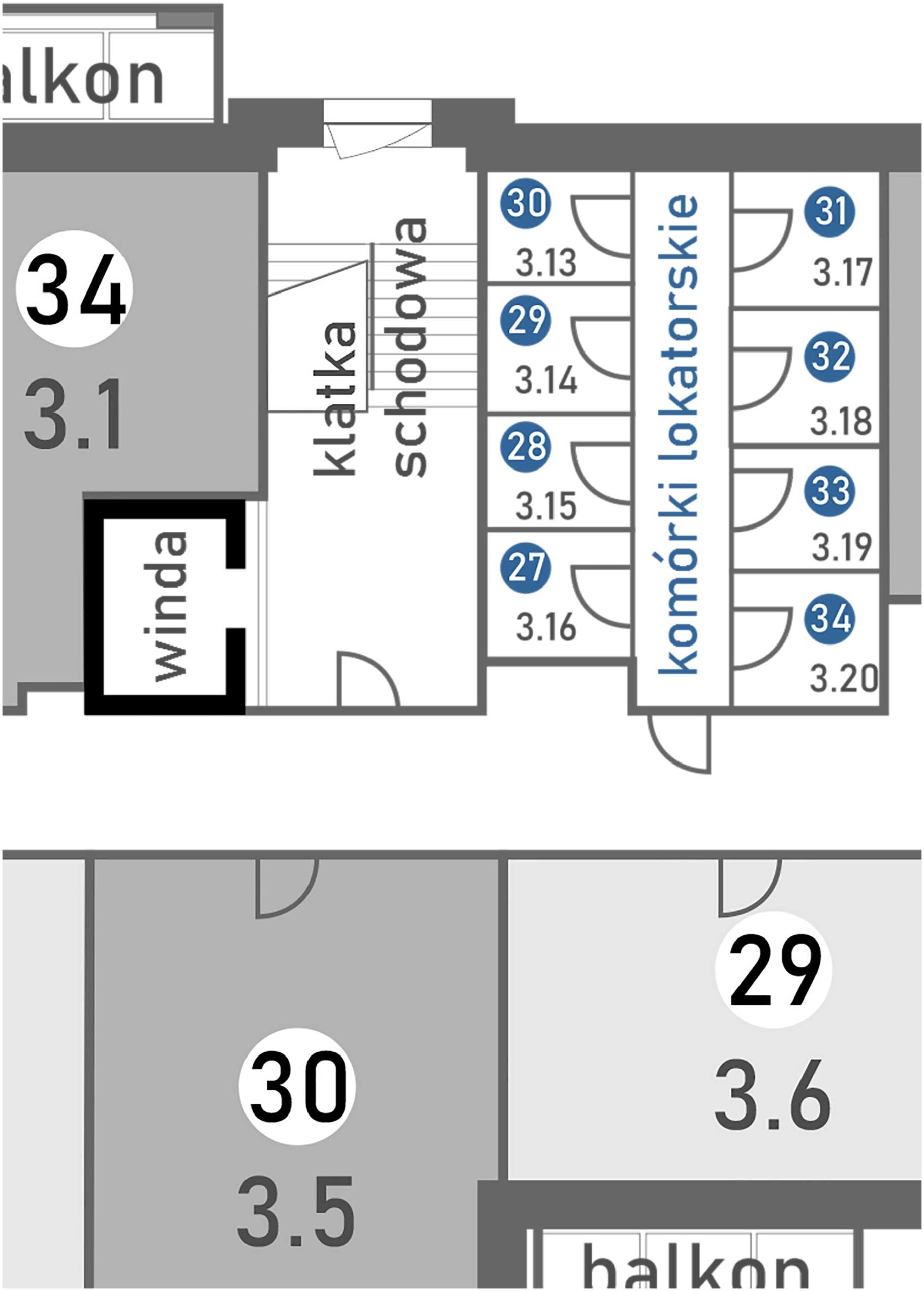 Rozmieszczenie komórek lokatorskich Budynek M - na 3 piętrze